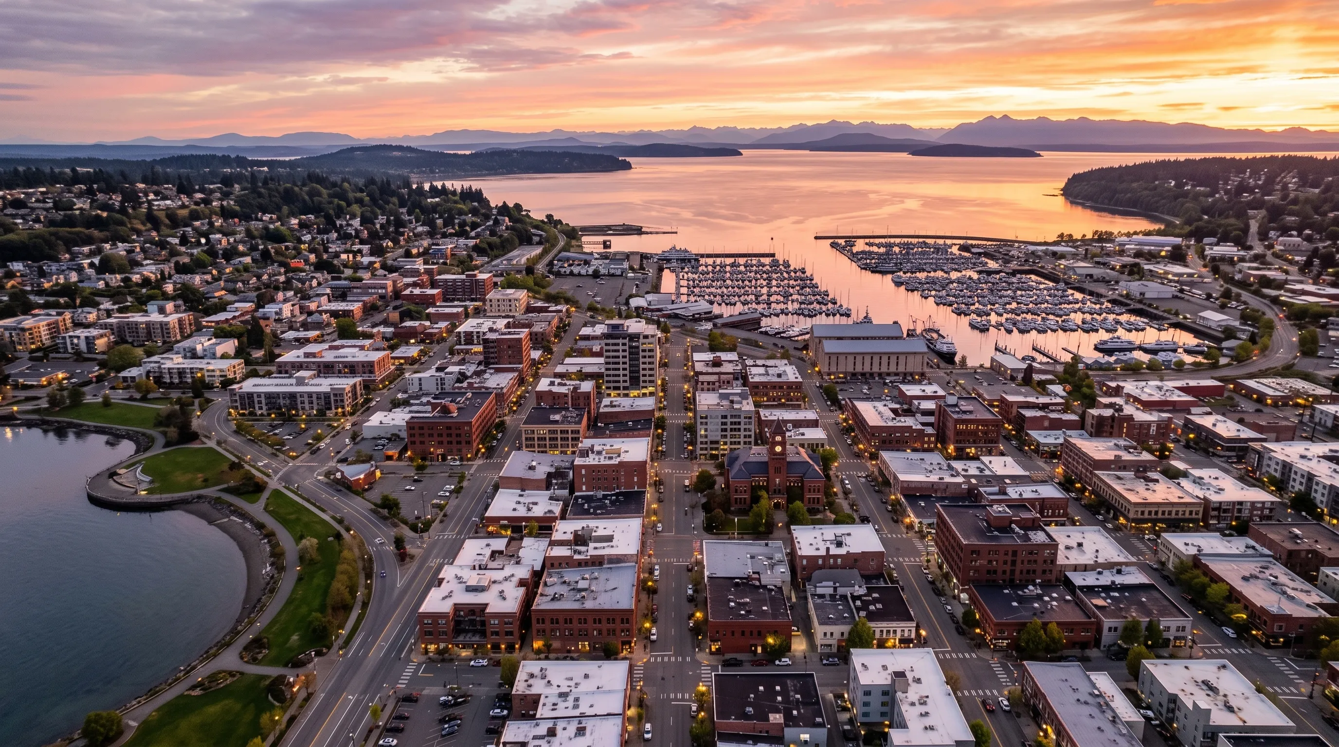 Downtown Bellingham at sunset, seen from above, with Bellingham Bay and the islands beyond.