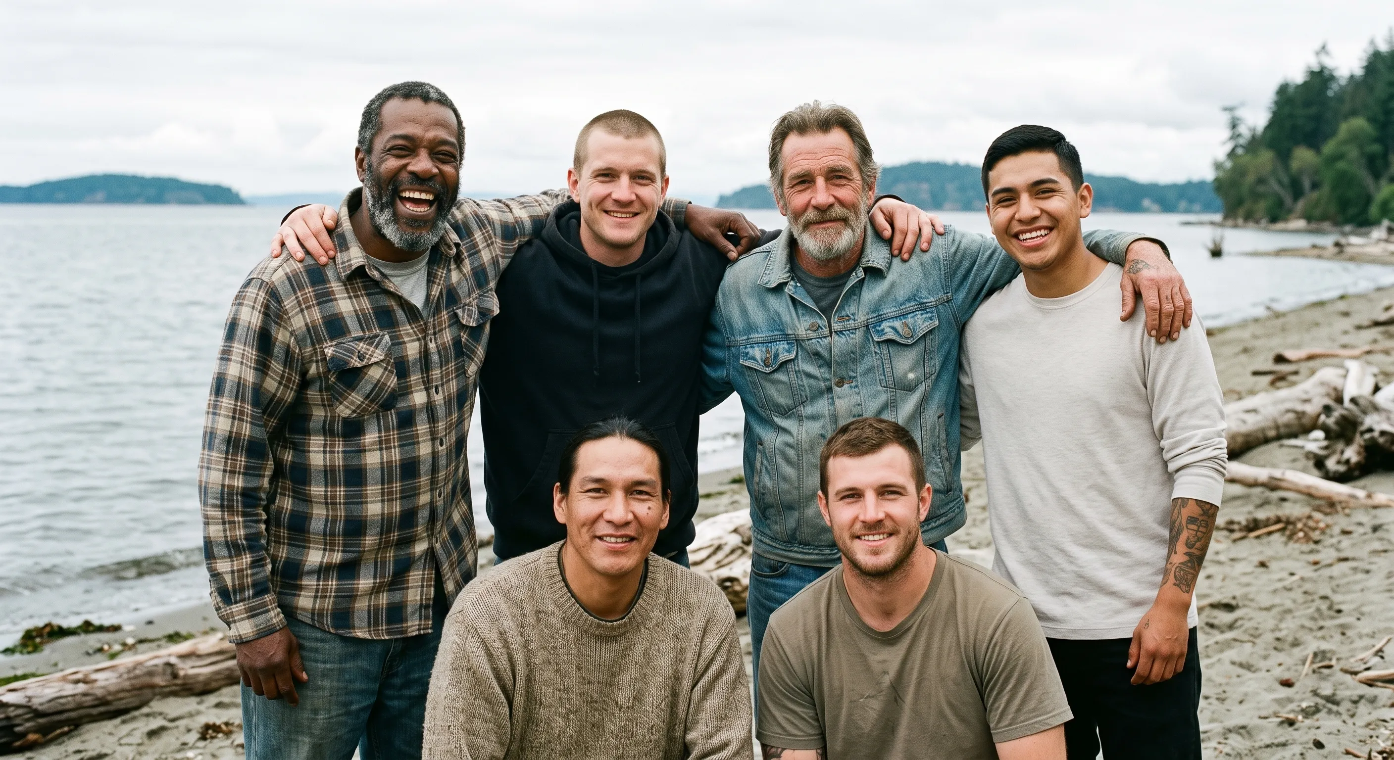Six men standing together on a driftwood beach on Bellingham Bay.